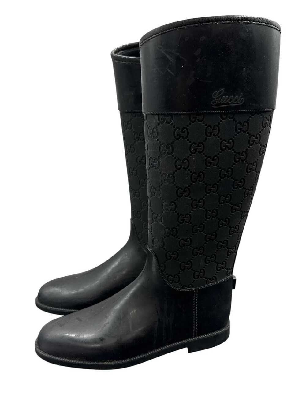 Gucci Black GG Monogram Rain Boots Rubber Italy Women’s Size 35 US 5